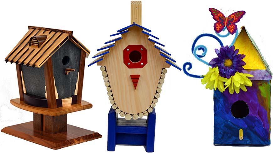 birdhouses and a bee hotel collage