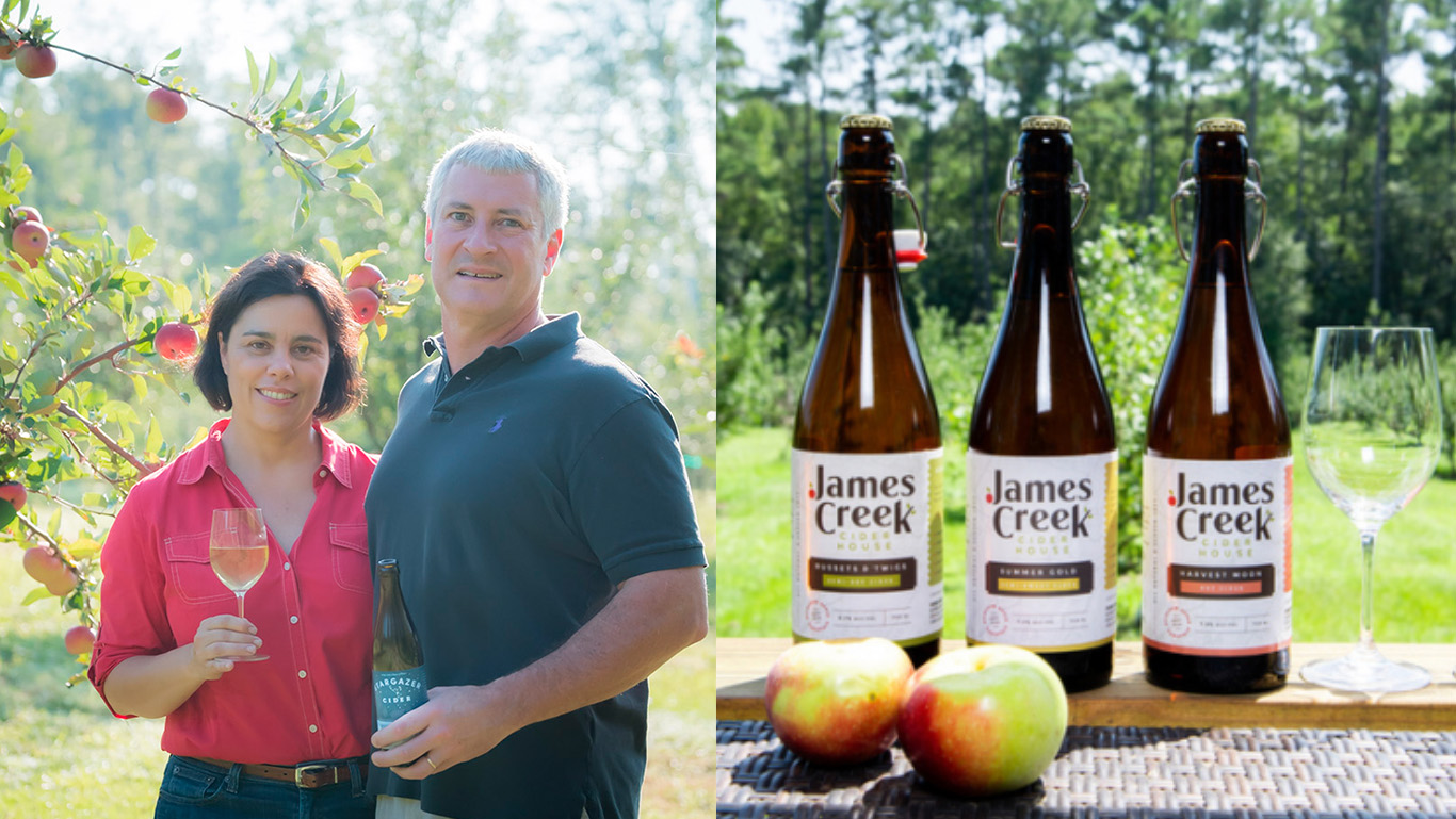 Ann Marie and David of James Creek Cider House and James Creek Cider House bottles