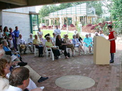 Chancellor Marye Anne Fox speaking at the dedication ceremony for the Margaret Snow Manooch Cascade on August 17, 2003.