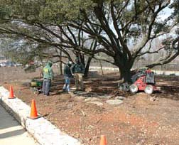 A crew from Bland Landscaping Co., Inc. installs the hardscaping for the Contemplation Garden.