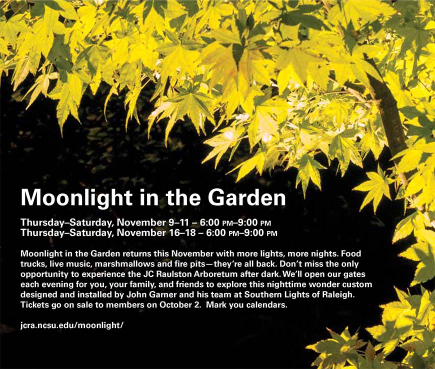 Back cover of the Fall 2017 newsletter (Moonlight in the Garden advertisement)