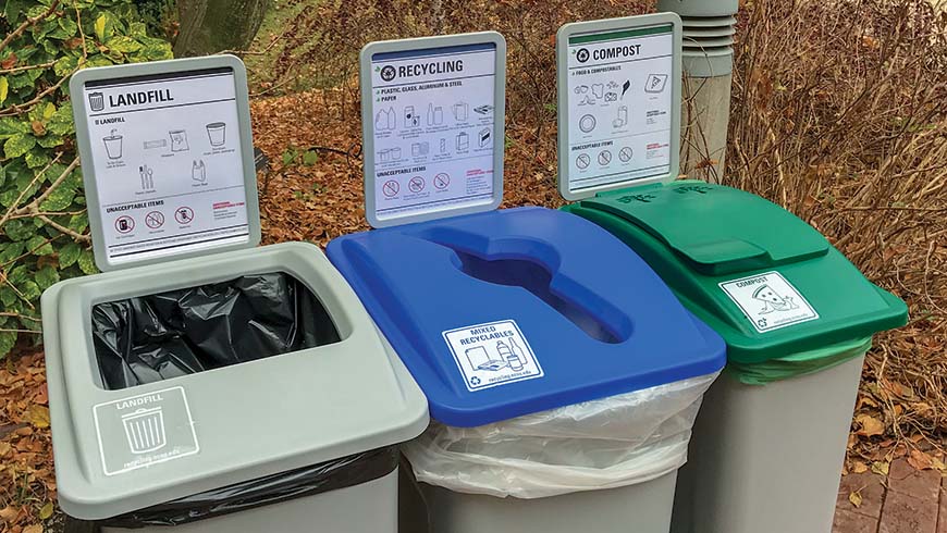 trash, recycle, and compost bins
