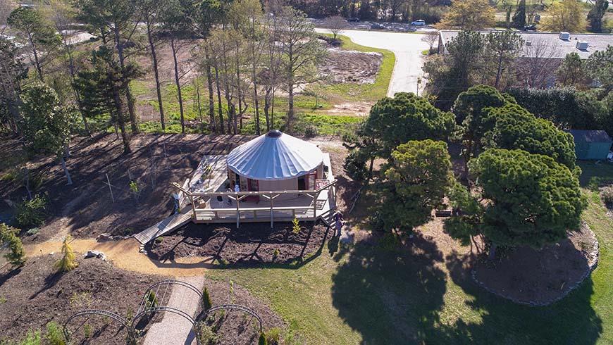 view of the Yurt from a drone