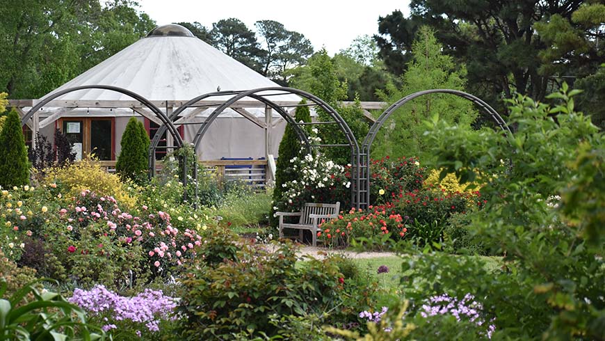 Finley-Nottingham Rose Garden with view of the Yurt